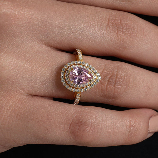 Statement Pink Pear Double Halo Ring