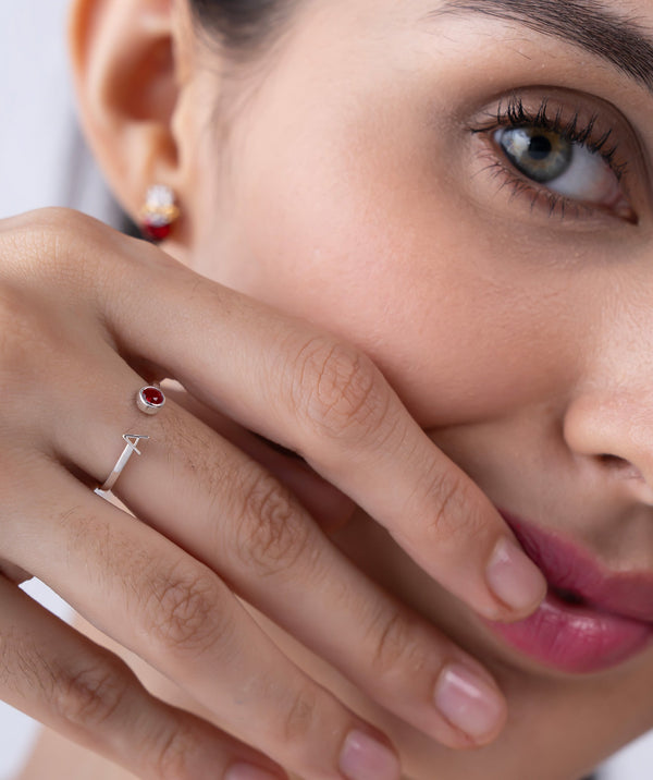 Initial 'A' & Red Stone Open Ring