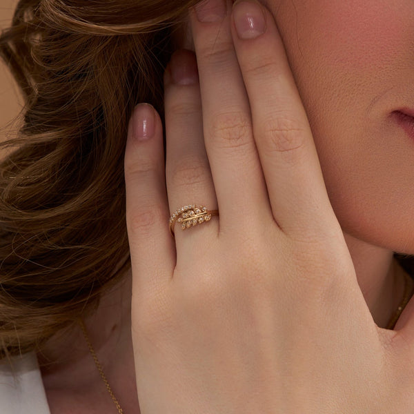 Pave Leaf Bypass Ring