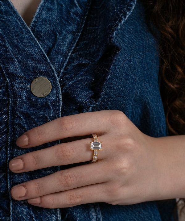 Emerald Cut Solitaire & Baguette Band Ring
