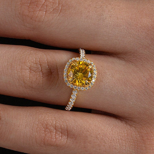 Yellow Cushion Halo Ring