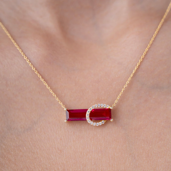 Red Baguette Crescent Necklace