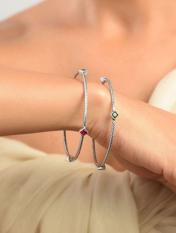 two Padmini Thin Bangles With Squares made of 92.5 silver with an oxidized finish
