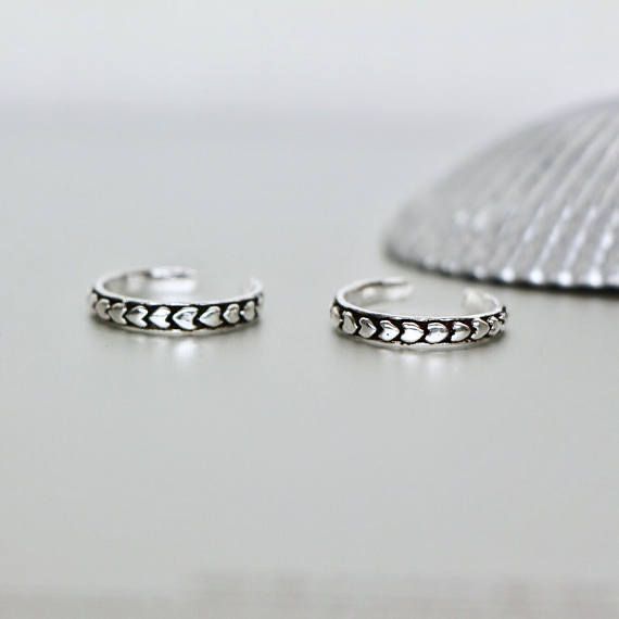 sterling silver oxidized adjustable toe rings with a heart embossed design