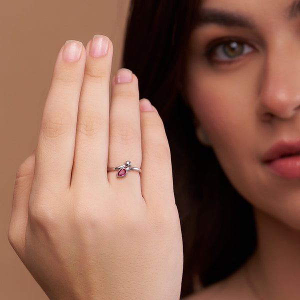 Ruby Pink Pear & Bead Open Ring