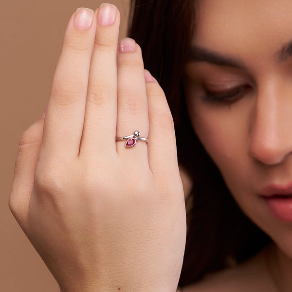 Ruby Pink Pear & Bead Open Ring