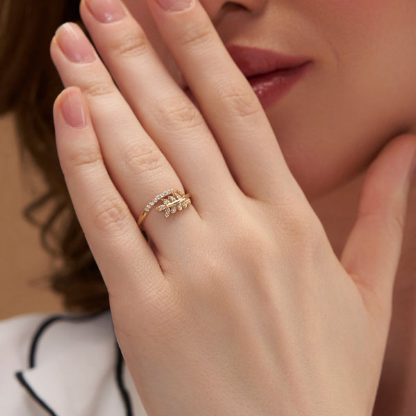 Pave Leaf Bypass Ring