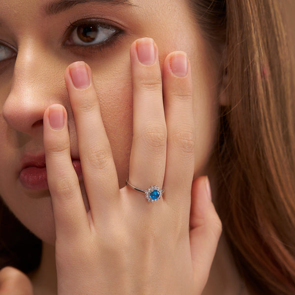Blue Floral Halo Ring