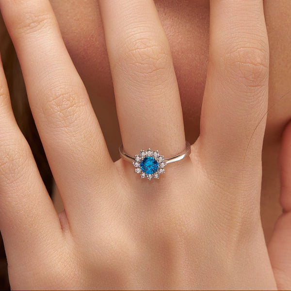 Blue Floral Halo Ring